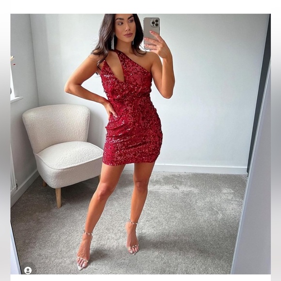 Zara Red Asymmetrical Sequin Dress Size Small - Picture 3 of 13